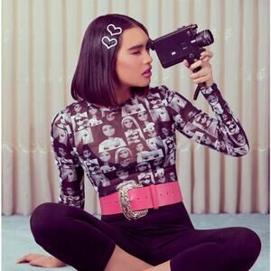 Barbie x Forever 21 Small Long Sleeve‎ Top Sheer Mesh Doll Print Black Festival